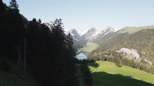 Panorama view of Alpstein mountain with lake of Ebenalp