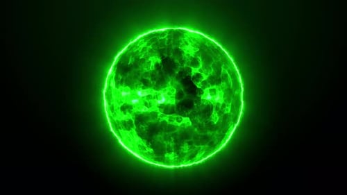 Green sphere, glow around on black background. Abstract orb. Planet isolated background. Energy ball