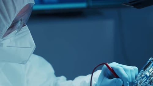 Microelectronics Engineer Works in a Modern Scientific Laboratory on Computing Systems and