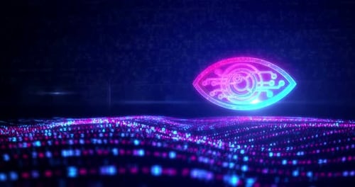 Digitales Augensymbol auf fließenden digitalen Wellen