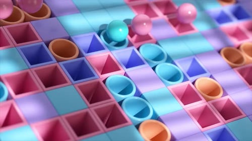 Colorful Abstract Geometric Spheres Falling and Bouncing on Grid