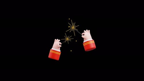 Animação 3D de mão segurando fogos de artifício