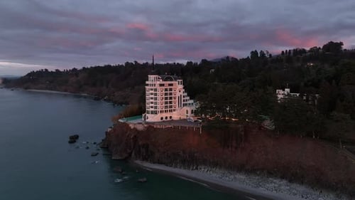 Tsikhisdziri, Georgia - January 2 2025: Aerial view of Castello Mare Hotel at sunset