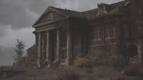 Dilapidated Gothic Mansion with Dark Overcast Sky