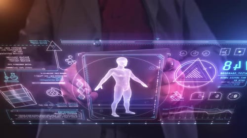 A Man in a Suit Works in Front of a Virtual Holographic Panel
