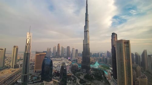 View of Burj Khalifa in Dubai. Dubai panorama. Dubai Mall aerial view.