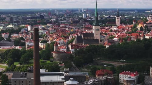 Cityscape View Sights in Historic City Center Old Factory Chimney Church Towers in Old Town and