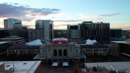 Union Station in Denver Colorado, sunset aerial shot.