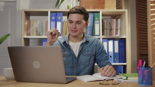 Cheerful Employee Working on Laptop Computer in Modern Office Ambitious Young Business Man Rejoicing