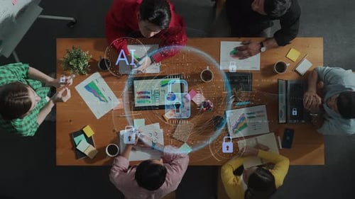 Collaborative Team Meeting on Innovative Solutions with AI Technology in a Modern Office Setting Fea