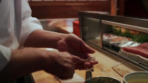 Chef preparing sushi with fresh fish ingredients