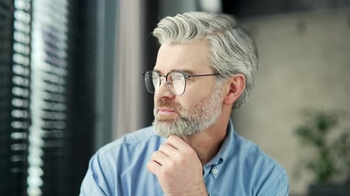 Portrait of serious mature gray haired bearded businessman in glasses looking out window in business