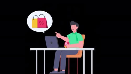 Man Online Shopping with Credit Card on Laptop Flat Animation