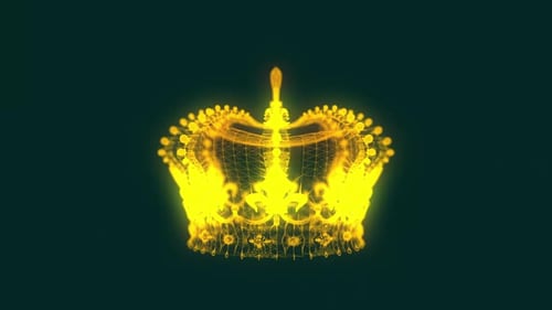 Coroa dourada 3D giratória com efeito de plexo, linhas geométricas e formas triangulares com pontos.