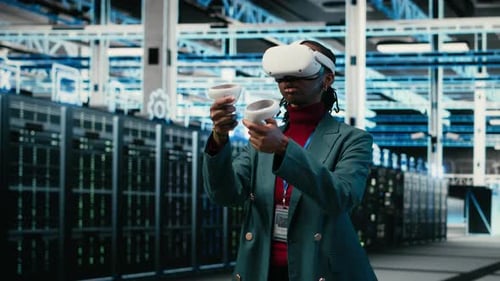 Data Center System Administrator Uses VR Headset Gear and AR Simulation