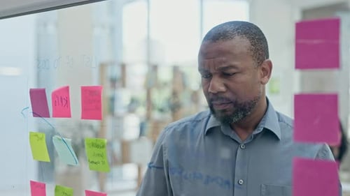 Man Planning Goals on a Glass Whiteboard