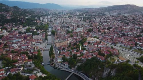 Drone view over Sarajevo city at sunset