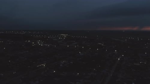Aerial view of night Village. Lightning flashes on the sky 14