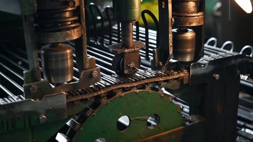 Close up view of automatic industrial machine that tightens the nuts in the metal pipes