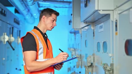 Focused Technician Inspecting Industrial Electrical Equipment