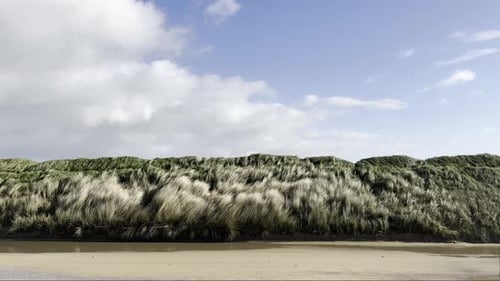 Wind and sand on a coastal road near dunes. Change in weather