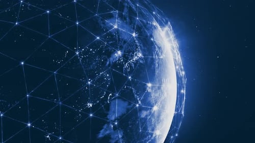 Rotierender technologischer Planet, der von einem digitalen Netzwerk abgedeckt wird.