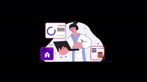 Asian woman using a laptop with various digital icons around her
