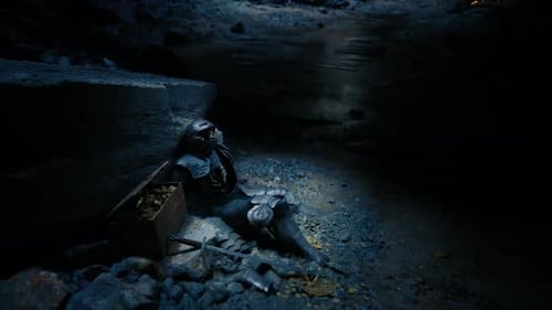 Silent Resting Place of a Fallen Knight Discovered in a Shadowy Cave