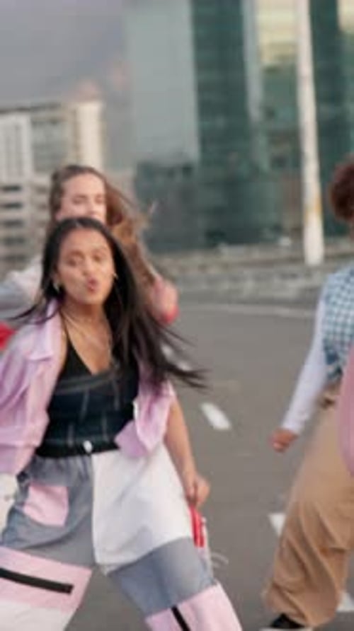 Road, dance and group of people in city for creative performance, rhythm and hip hope routine