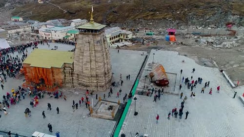 Aerial View of Kedarnath Temple with Devotees in Uttarakhand, India