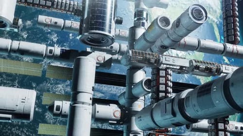 a modern space station in space orbiting the earth. an epic video