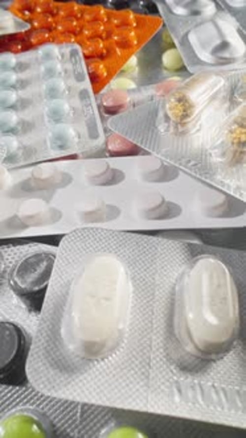 Pile of Pills on Table Healthcare Industry Concept Blisters with Medicines