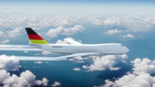 Commercial Airliner Passanger Plane Jumbo Jet Flying Over Clouds With Country Flag Germany