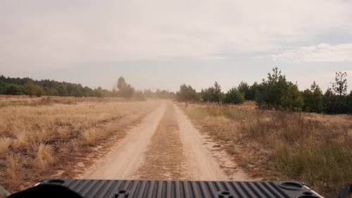 Aus dem Kofferraum eines Autos geschossen: Der Geländewagen entfernt sich und fährt auf einer Sandstraße von Pinien weg.