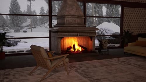 Cozy Winter With A Crackling Fireplace With Falling Snow Outside The Window