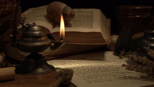 Studien bei Nacht unter Öllampenlicht