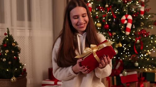 Smiling Young Woman Holding Christmas Present by Tree