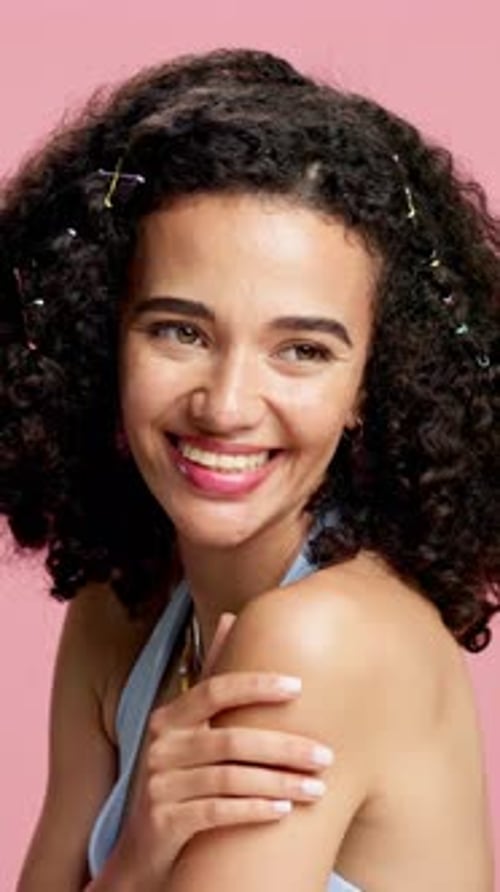 Beauty, makeup and happy with woman in studio for salon, self care and shine