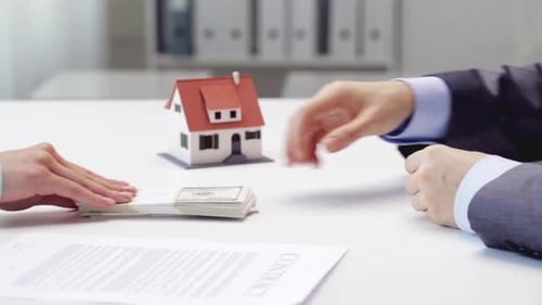 Business, Real Estate, Deal And People Concept - Woman Paying Money To Realtor And Getting House ...