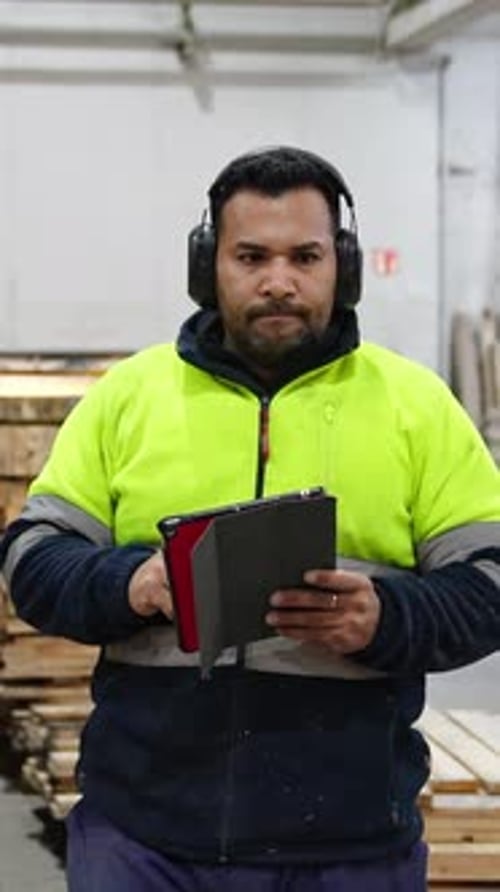 Warehouse Worker Monitoring Pallet Recycling with Digital Tablet in Slow Motion