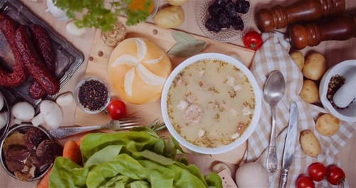 Sour Rye Soup with Cold Cuts and Vegetables