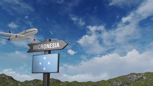 Micronesia Flag With Airplane And Arrow Sign