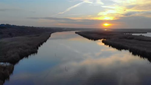 Amazing Evening Picture From Copter of Beautiful Sunset Along River in Countryside
