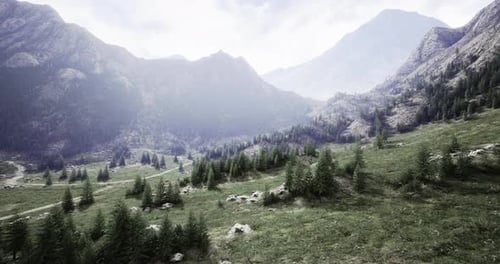 Serene Mountain Landscape with Lush Greenery and Rocky Terrain