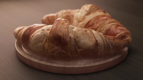 Rotating Delicious Croissants on Wooden Board