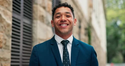 Happy, outdoor and face of businessman in city with confidence for corporate finance career