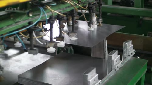 Automatical Manipulator Moving Metal Sheet In Workshop. Manufacturing Metal Detail At Industrial ...