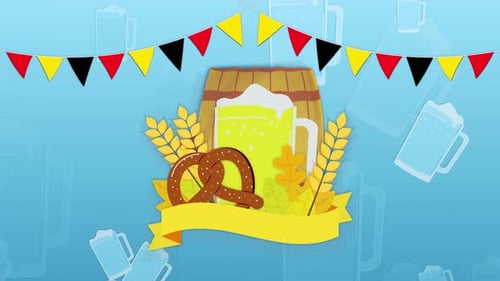 Flat Design Oktoberfest Celebration with Beer and Pretzel Animation