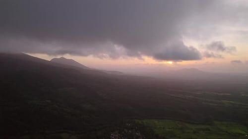 Dramatic Tropical Mountain Landscape at Sunset, Aerial View