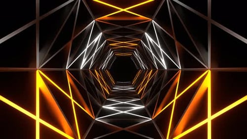 Orange And White Neon Light Moves Along Hexagon Grate Background Vj Loop In 4K